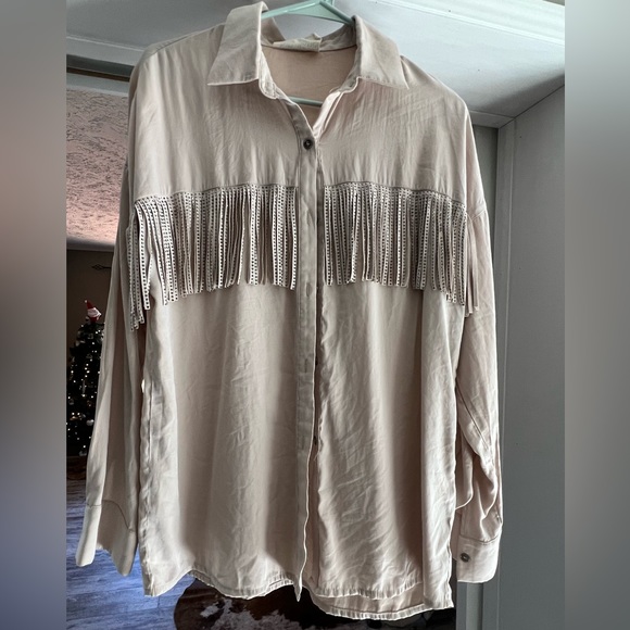 Taupe Fringe Button Down - Picture 1 of 3
